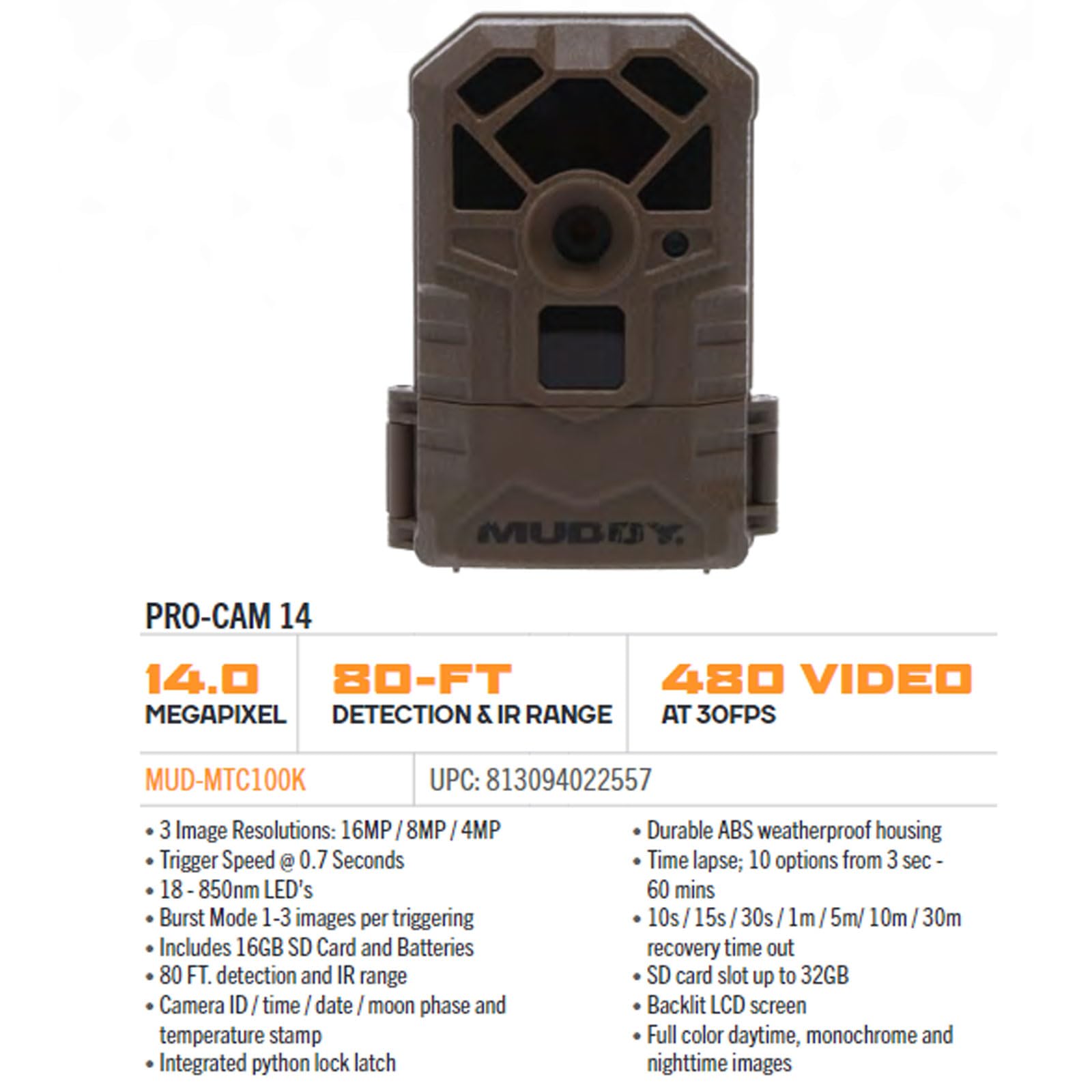 Muddy Pro Cam 14 MTC100K Combo - 14MP & 480 Video at 30FPS 0.7 Sec Trigger Speed 80ft Detection IR Range Durable Hunting Outdoor Scouting Trail Camera, AA Batteries & 16GB Memory Card Included - Image 4